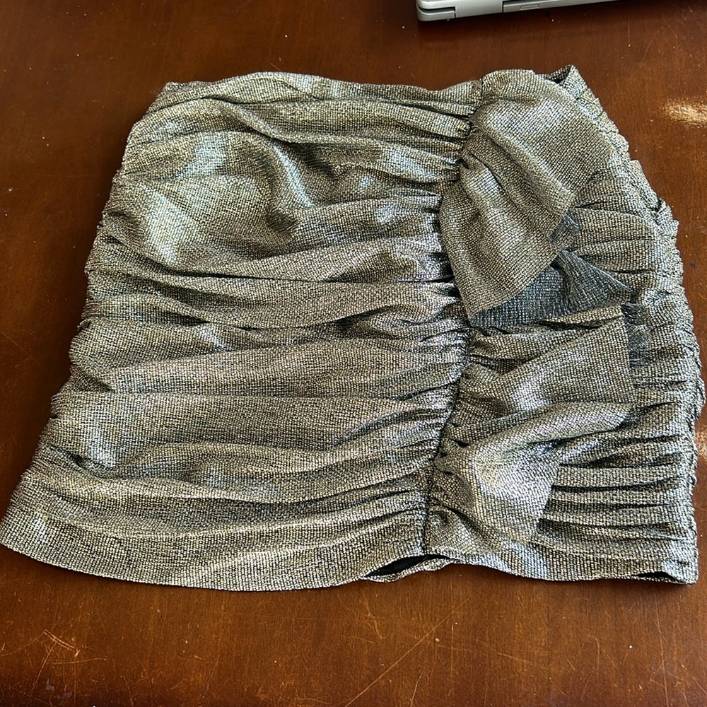 “McKenna Ruched Metallic Mini Skirt” Brand Intermix. Silver